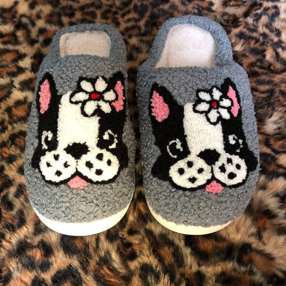 Cute Girl Frenchie French Bulldog Cushioned Fleece Slippers Gray Women's Sz 9-10 - Picture 1 of 6